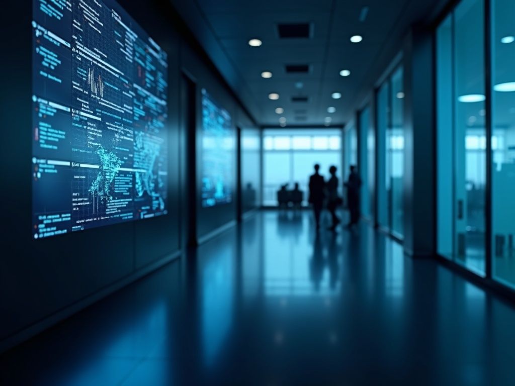 Escena ultra realista de un centro de atención ciudadana con inteligencia artificial gestionando llamadas, emails y redes sociales en tiempo real