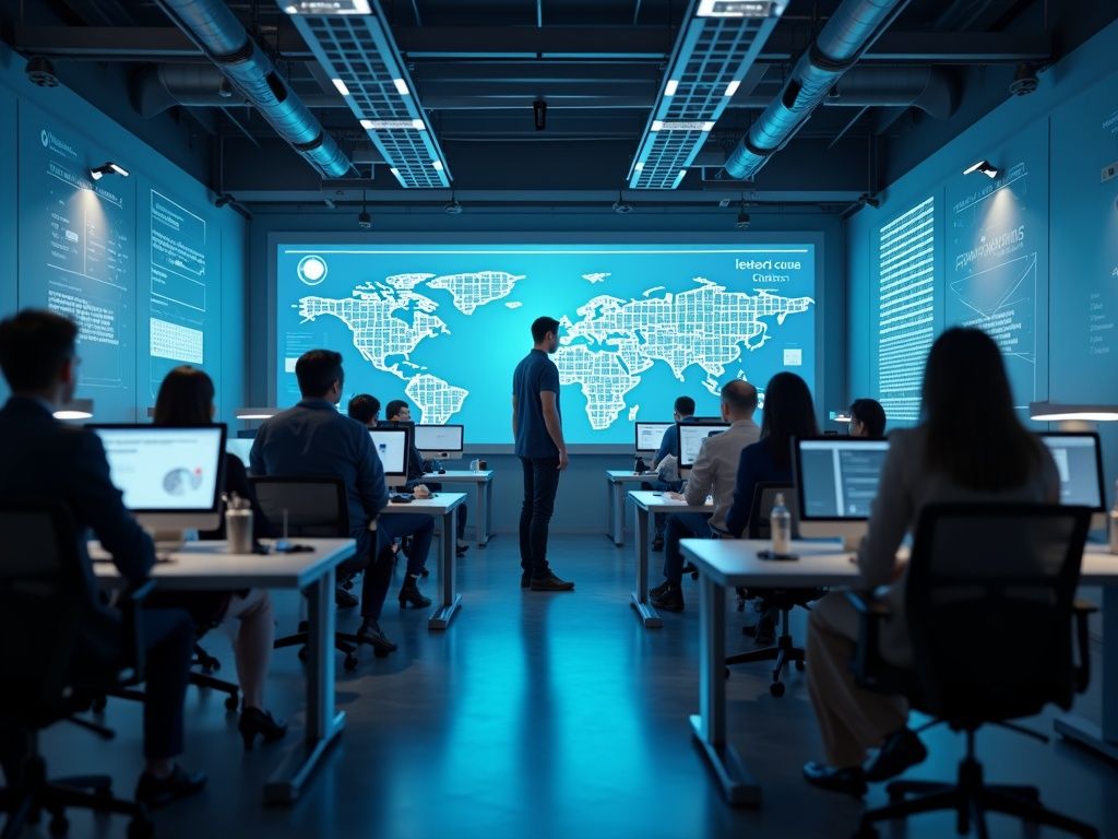 Escenario ultra realista de espacio de trabajo moderno con profesionales usando Google Workspace automatización para gestionar operaciones con IA