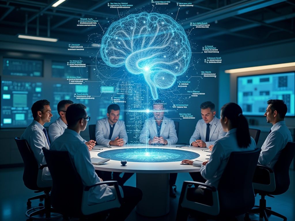 Imagen ultra realista mostrando la interacción entre la actividad cerebral y el procesamiento de inteligencia artificial en un entorno tecnológico