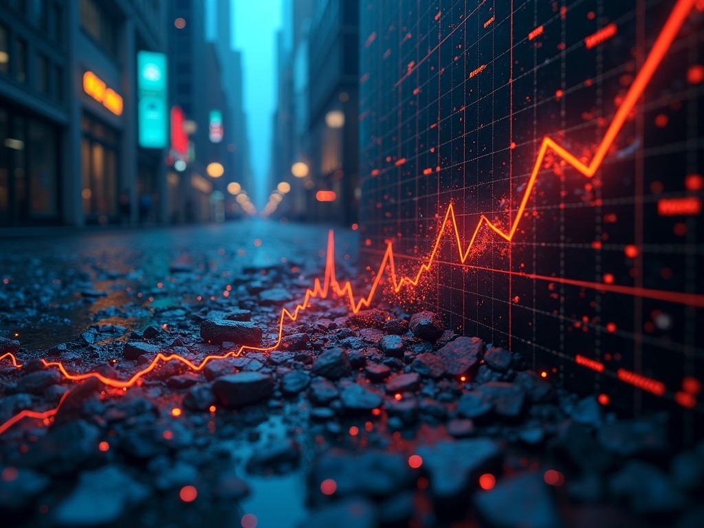 Gráficos bursátiles desplomándose representando la caída de acciones de IBM en un entorno financiero tenso y moderno
