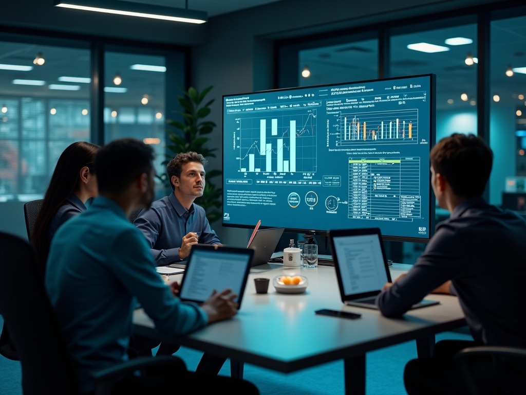la-competencia-de-meta-en-ia-para-empresas-innovacion-que-impulsa-la-productividad Escena ultra realista con tecnología Meta AI competencia: ejecutivos interactuando con interfaces duales en un entorno corporativo moderno