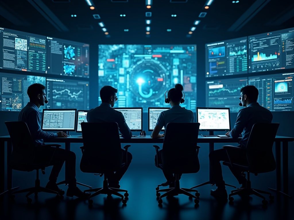 Equipo experto en ciberseguridad e inteligencia artificial monitoreando amenazas digitales en un centro de comando tecnológico