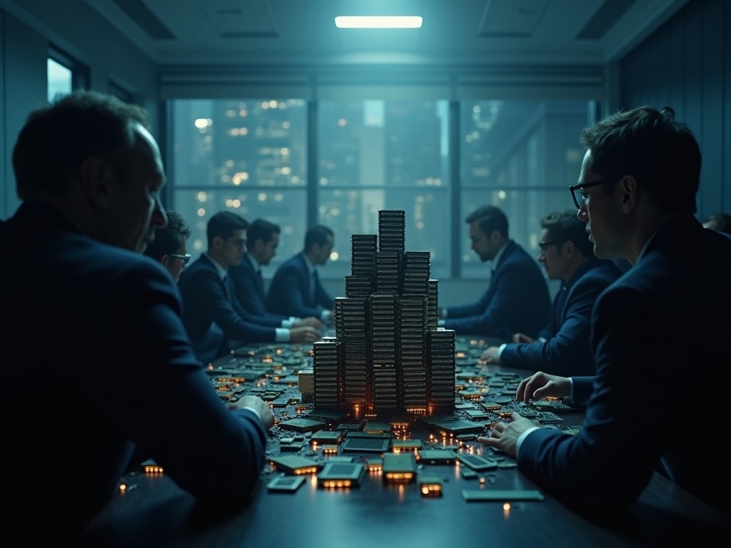 Ejecutivos en sala de juntas con pilas de chips de memoria sufriendo la escasez global de 2026
