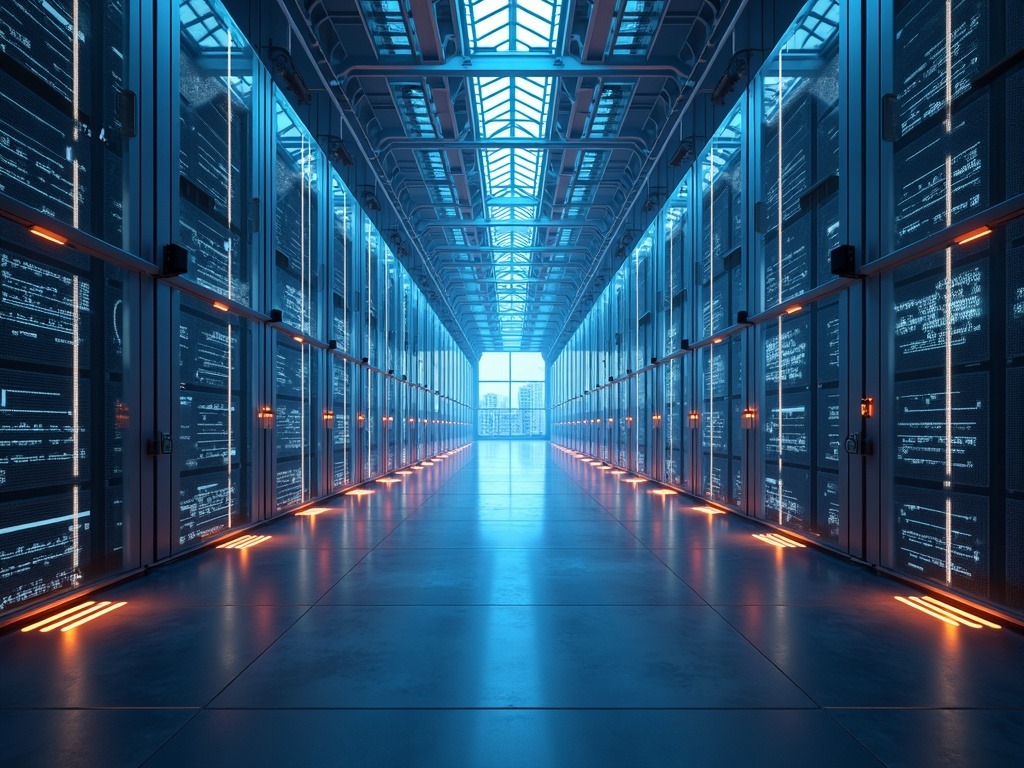 Imagen ultra realista de la gigafactoría IA de Merlin Properties en Lisboa mostrando infraestructura tecnológica de vanguardia y eficiencia energética