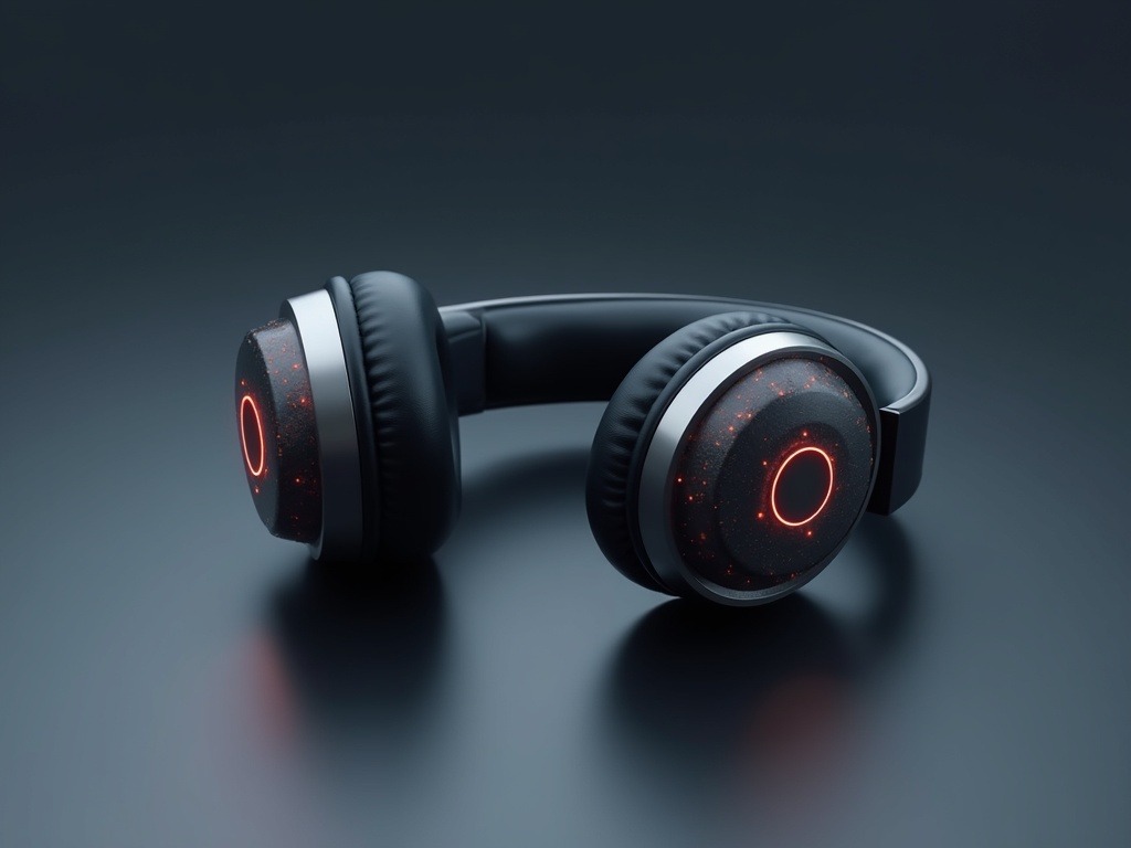 Auriculares de inteligencia artificial diseñados por OpenAI con diseño metálico ovalado y módulos detrás de la oreja, iluminados con luz cinematográfica