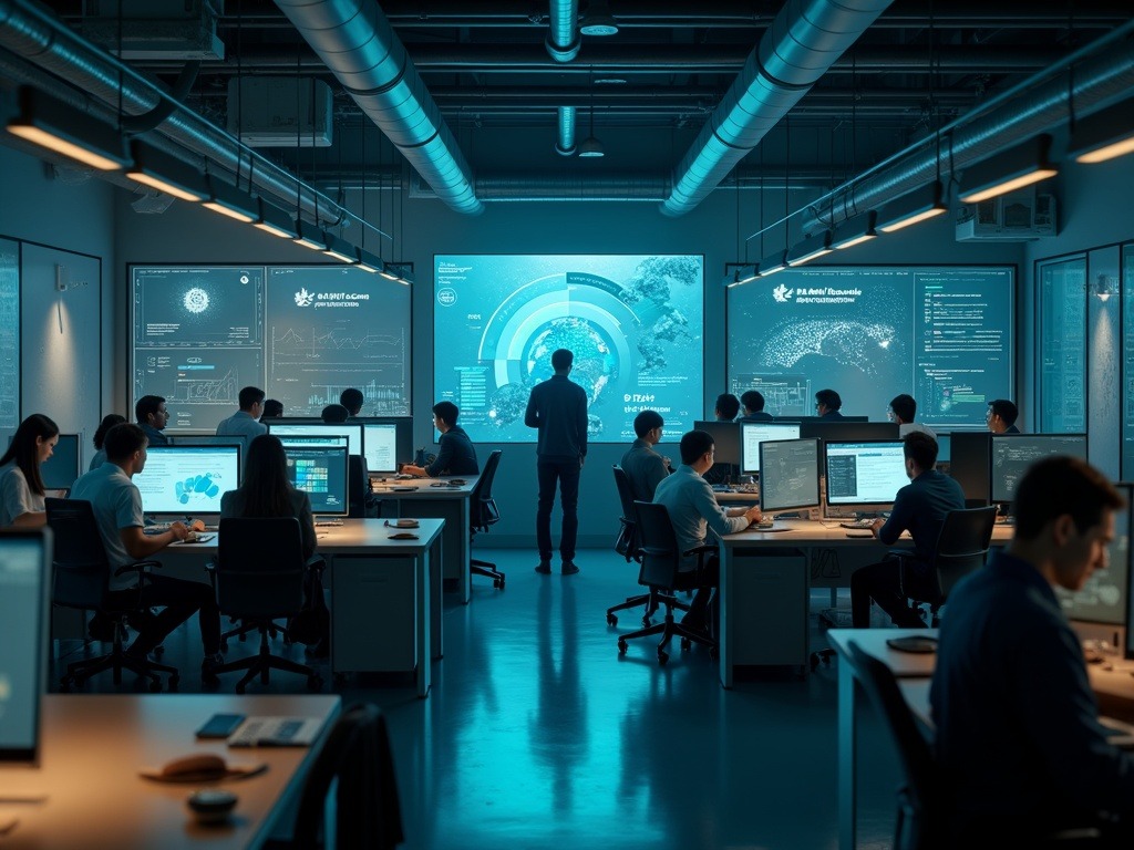 Escena ultra realista del laboratorio Superintelligence de Meta mostrando colaboración y nuevos modelos de meta inteligencia artificial