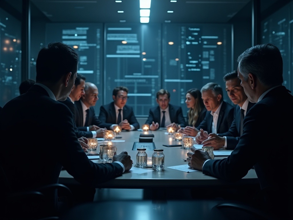 Reunión de inversores y ejecutivos discutiendo Anthropic financiación IA en sala moderna