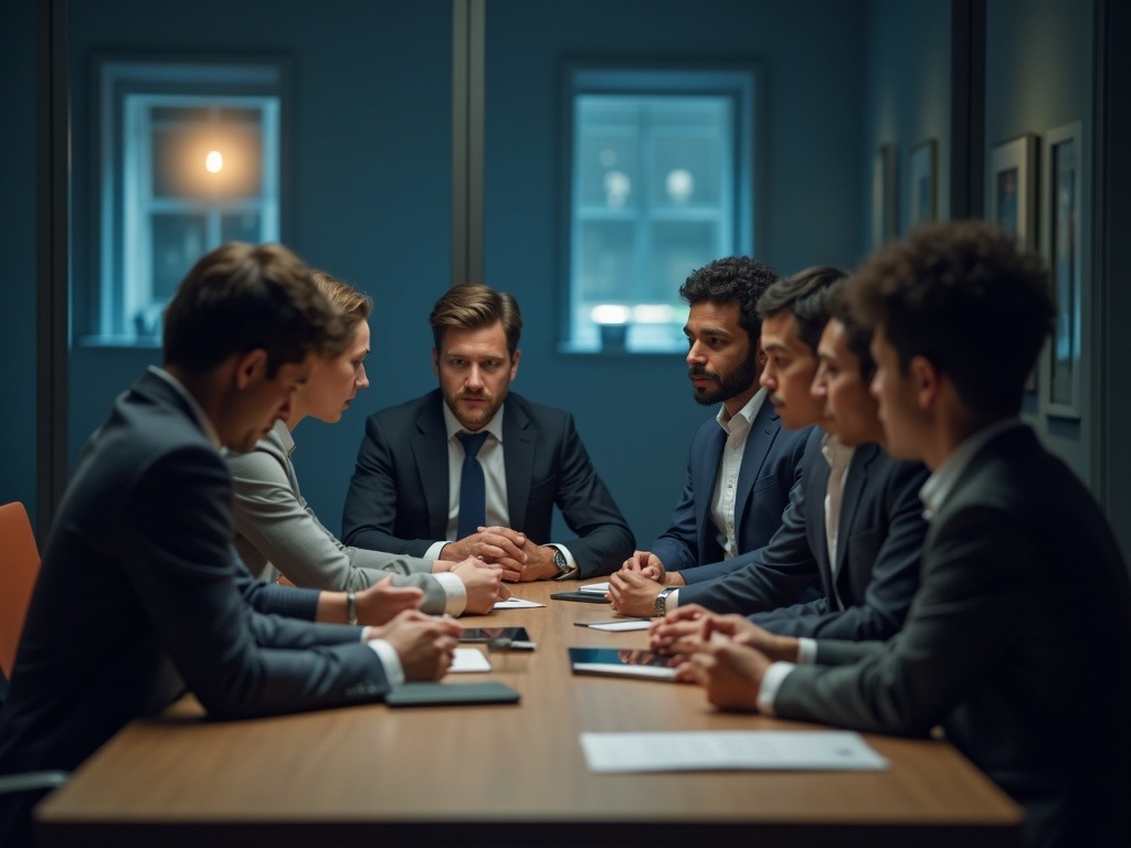 Equipo diverso en reunión corporativa discutiendo gestión de solicitudes negativas en B2B con enfoque profesional y comunicación estratégica