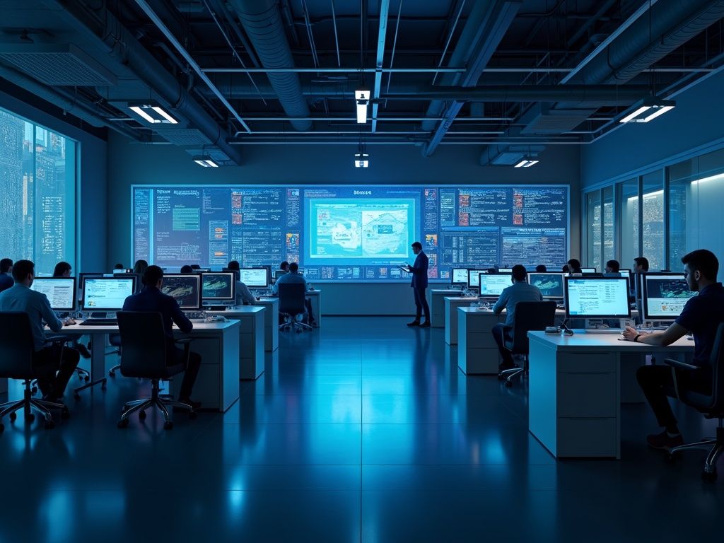 Escena ultra realista mostrando la integración vertical de IA Google Gemini 3 en un entorno laboral moderno con chips, nube y elementos tecnológicos conectados