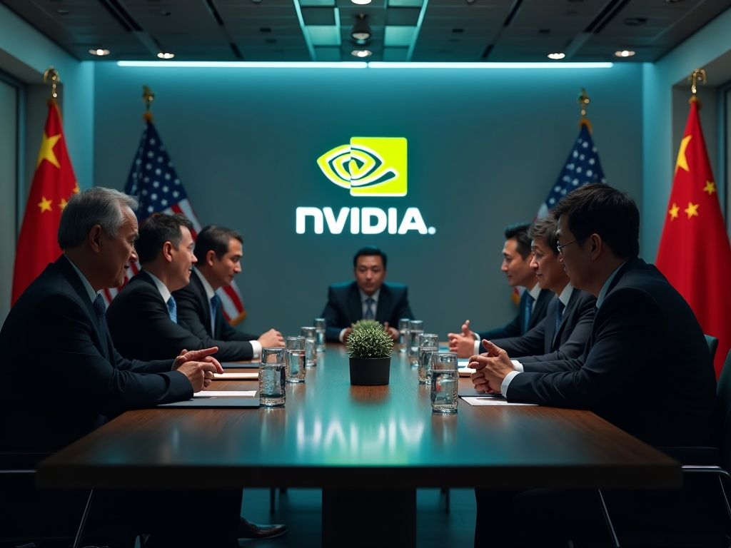Ejecutivos discutiendo la venta de chips inteligencia artificial Nvidia en una sala de conferencias con banderas de EE.UU. y China