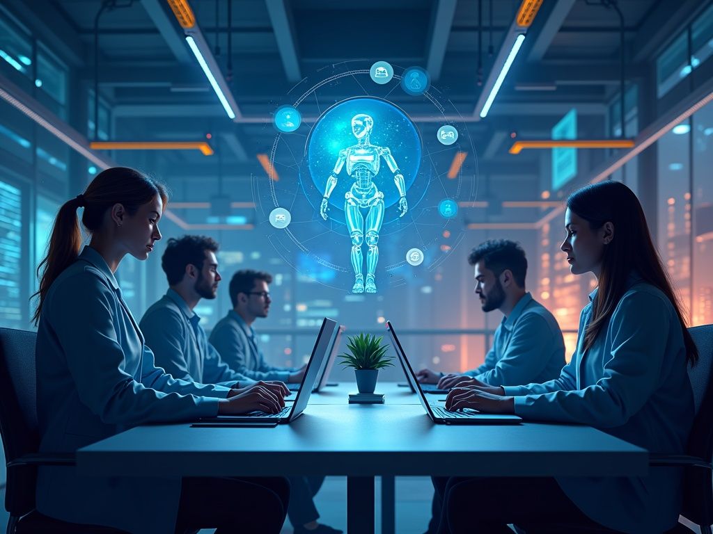 Escena ultra realista que muestra IA y empleados colaborando en entornos híbridos de legal, salud, marketing y construcción