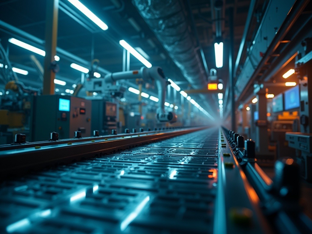 Representación ultra realista de inteligencia artificial autónoma aplicada en un entorno industrial con procesadores Vera Rubin y plataforma Alpamayo en acción