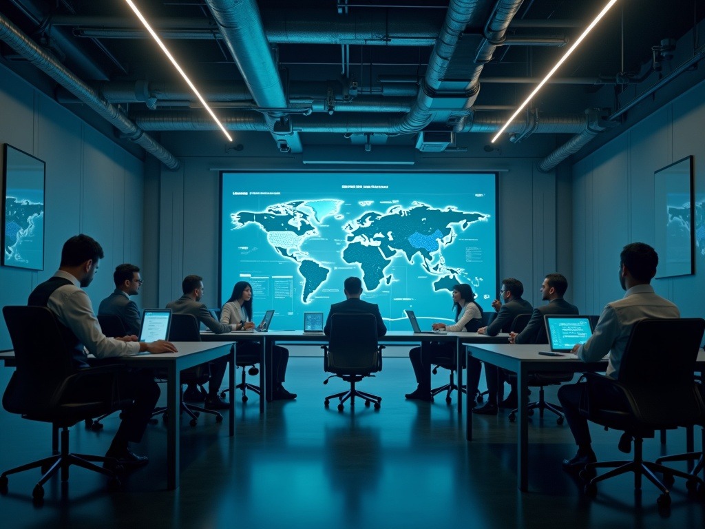 Escena ultra realista de un consejo directivo en 2026 integrado por sistemas de inteligencia artificial autónoma ejecutando decisiones estratégicas