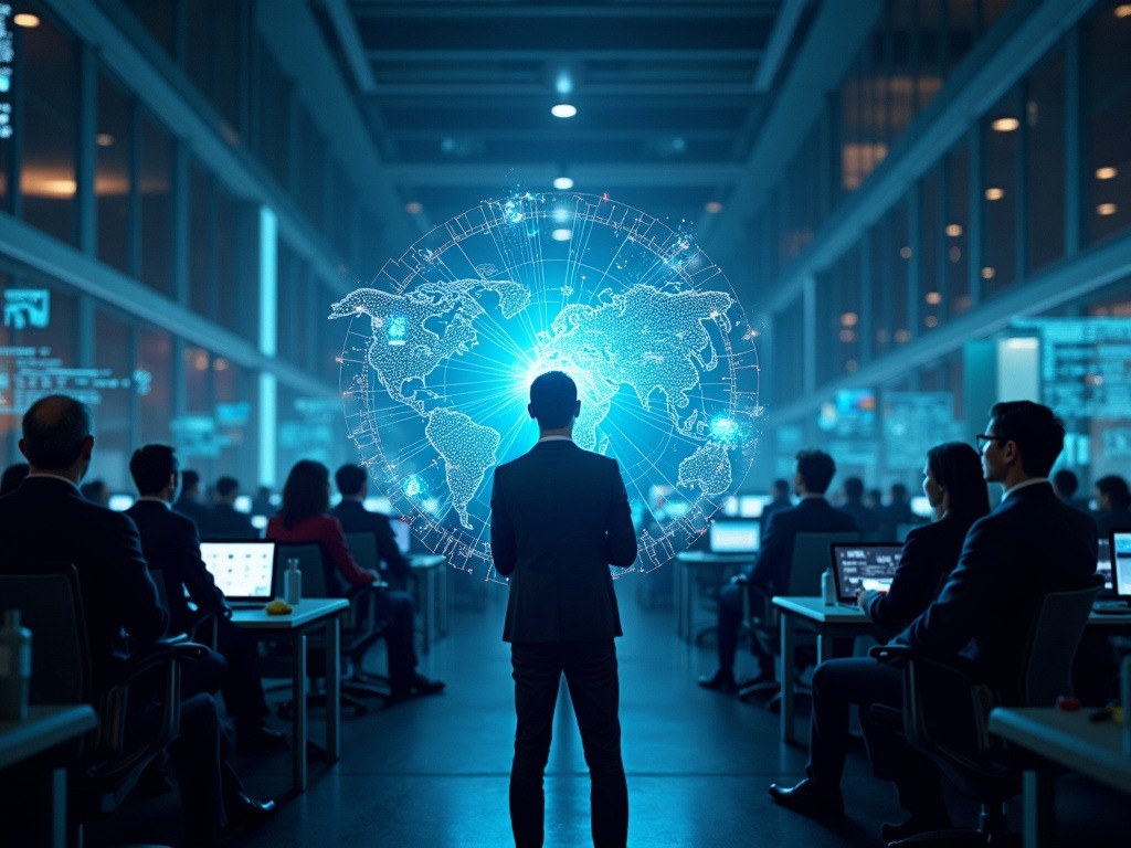 Ejecutivos trabajando con tecnologías de inteligencia artificial inversión 2026 en ambiente corporativo moderno y futurista