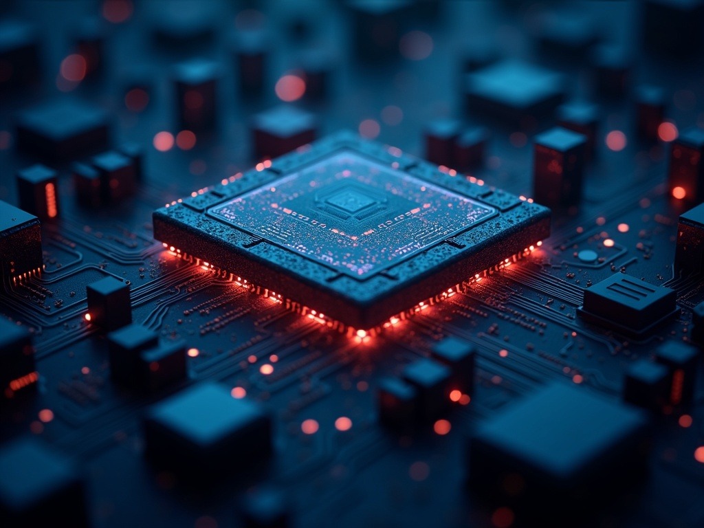 Escena ultra-realista mostrando la inteligencia artificial eficiente con arquitectura inspirada en el cerebro humano, consumo menor y hardware accesible