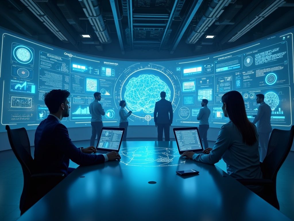 Escena ultra realista de inteligencia artificial 2025 con profesionales interactuando con asistentes de IA en una oficina moderna