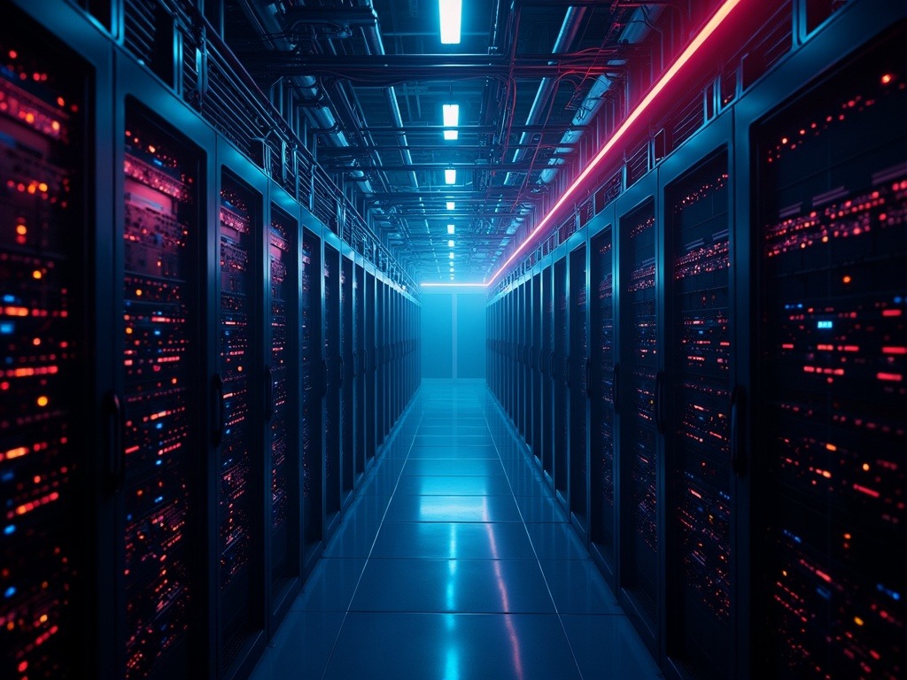 Centro de datos del futuro con redes eléctricas y de datos iluminadas mostrando desafíos de inteligencia artificial 2026