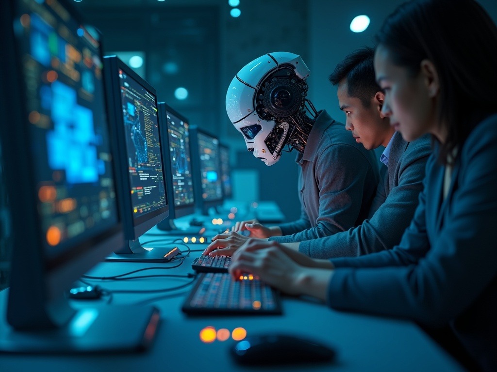 Representación hiperrealista de inteligencia artificial 2026 ejecutando tareas autónomas en operaciones empresariales