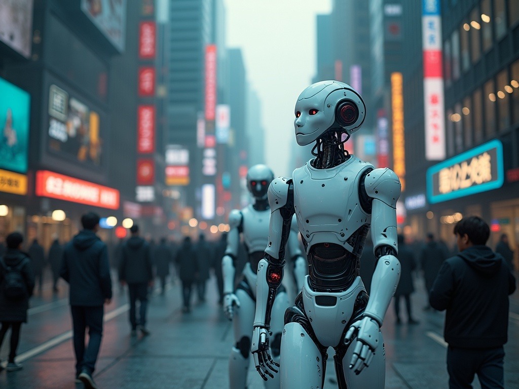 Escena ultra realista de inteligencia artificial 2026 con robots humanoides integrados en ambiente urbano tecnológico
