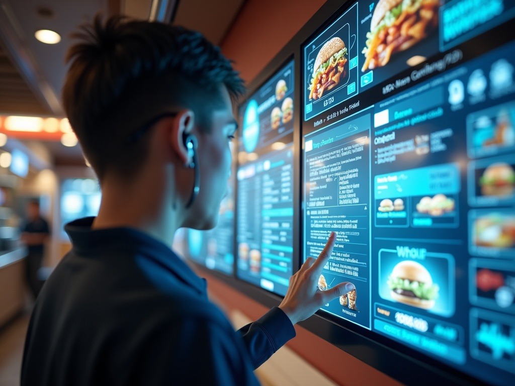 Empleado de Burger King usando auricular de inteligencia artificial mientras manipula menús holográficos en un restaurante moderno