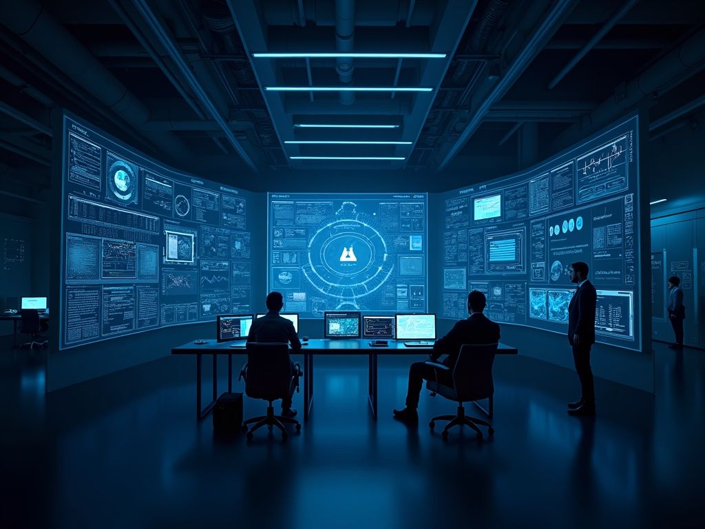 Centro de mando ultra realista con interfaces digitales mostrando datos en tiempo real de inteligencia artificial en CaixaBank