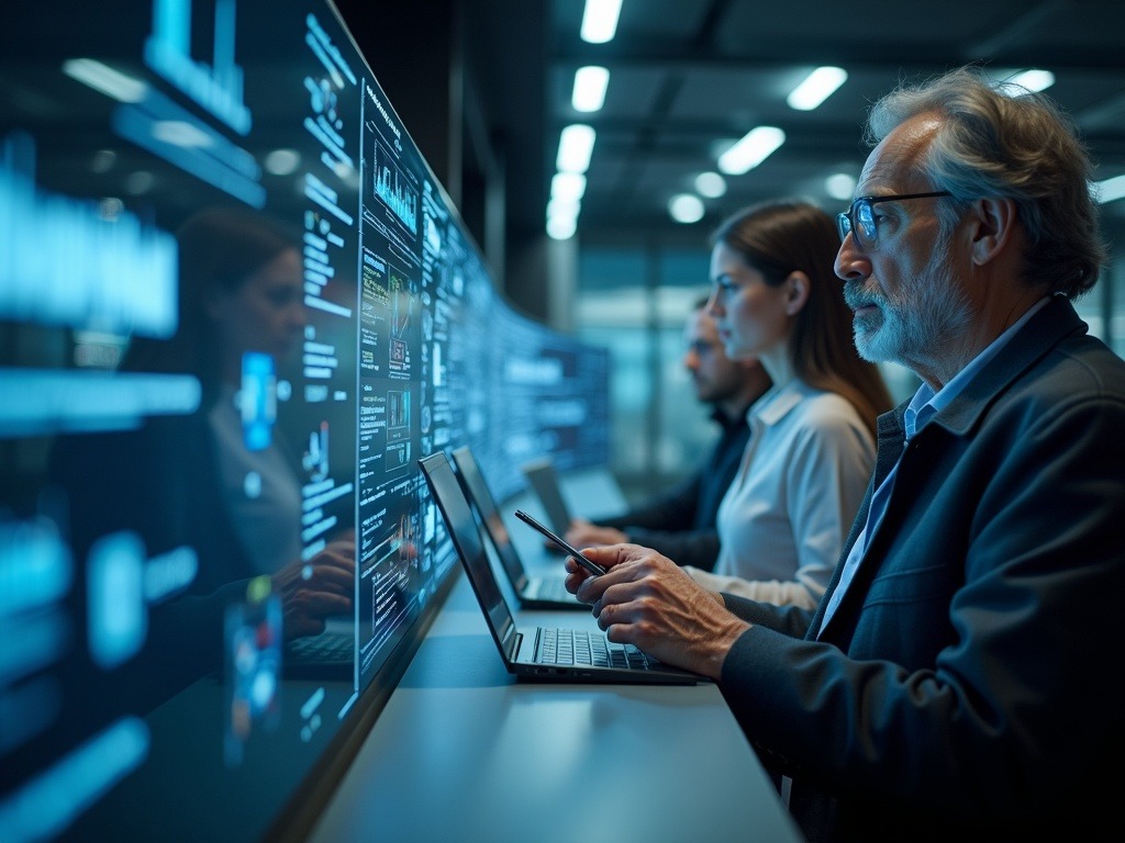 Personas de diversas edades interactuando con soluciones de inteligencia artificial en España, mostrando modernidad y desafíos tecnológicos