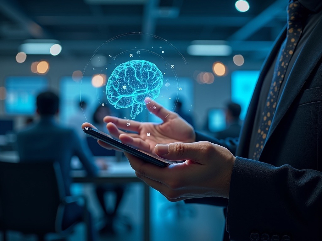 Equipo diverso trabajando en oficina moderna con integración de inteligencia artificial en España para empresas