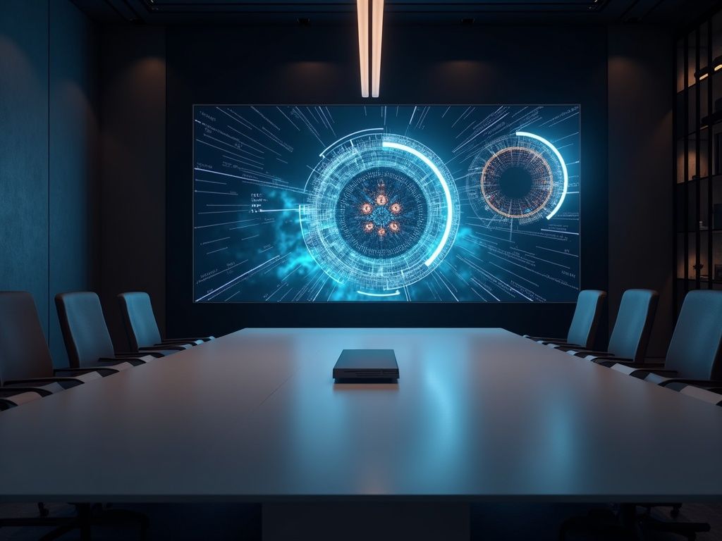 la-inteligencia-artificial-en-google-tv-para-revolucionar-las-presentaciones-corporativas Sala de juntas con Google TV inteligencia artificial mostrando presentación inmersiva y gráfica en tiempo real