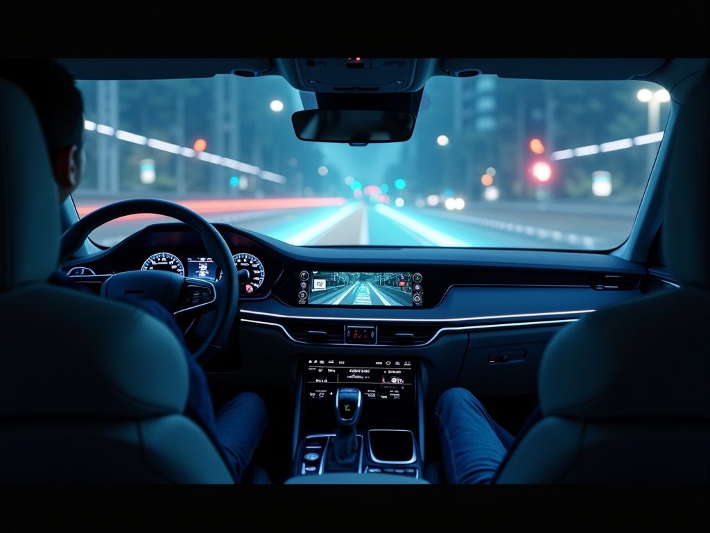la-inteligencia-artificial-en-automocion-para-optimizar-flotas-y-seguridad-vial-en-2026 Cabina inteligente de vehículo con inteligencia artificial en automoción mostrando sistemas de monitoreo y HUD avanzados