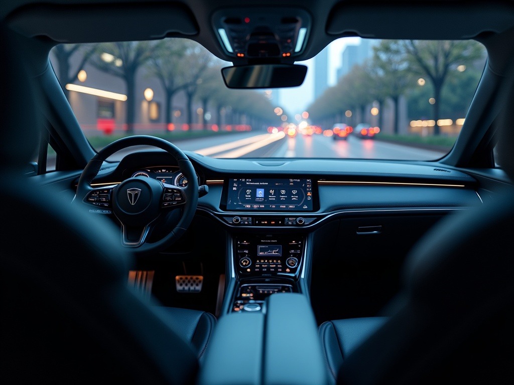 Vista macro de un cockpit de automóvil con sistemas avanzados de inteligencia artificial para optimizar rutas y gestión de flotas