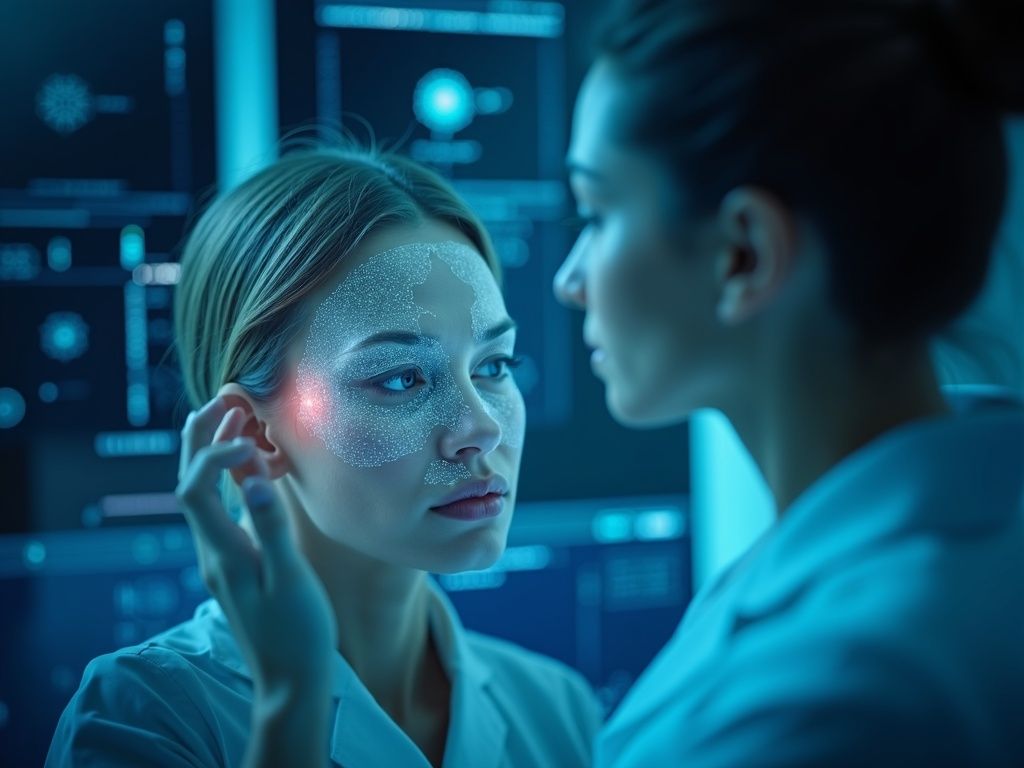 Profesional en clínica estética utilizando inteligencia artificial dermocosmética para análisis detallado de la piel