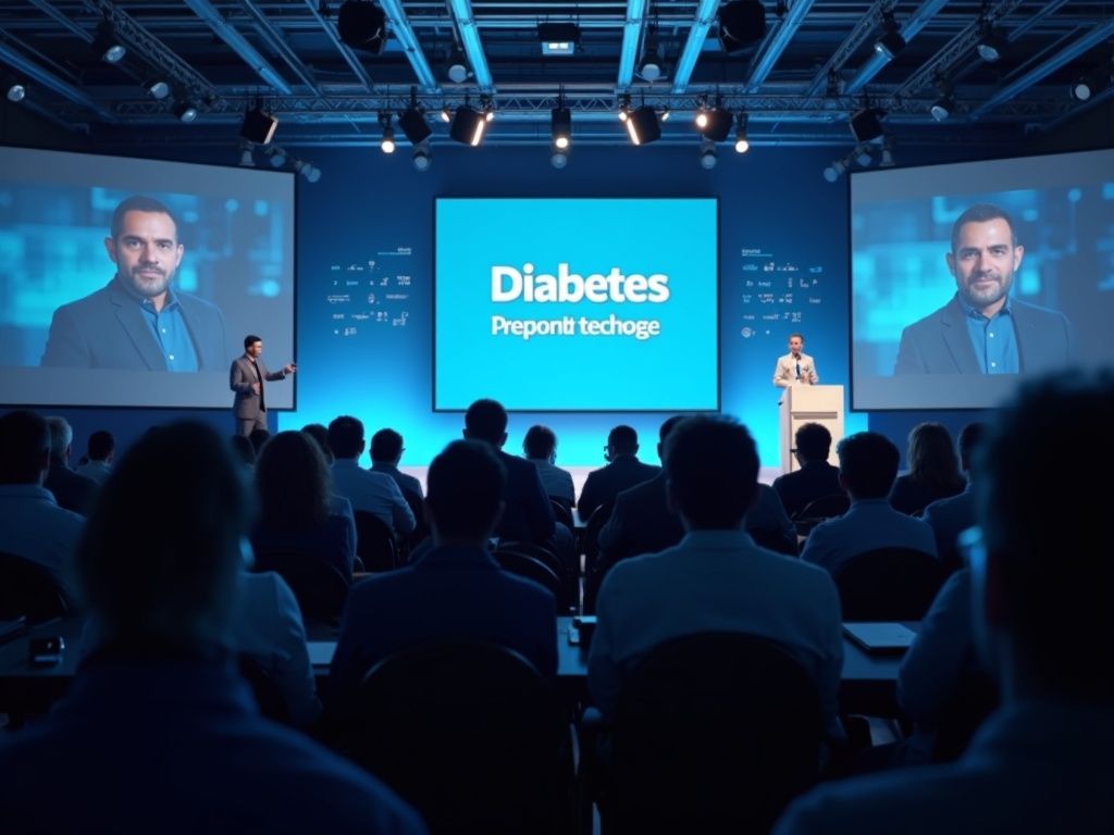 Imagen ultra realista del foro nacional sobre inteligencia artificial y diabetes en España con expertos y audiencia en una conferencia moderna