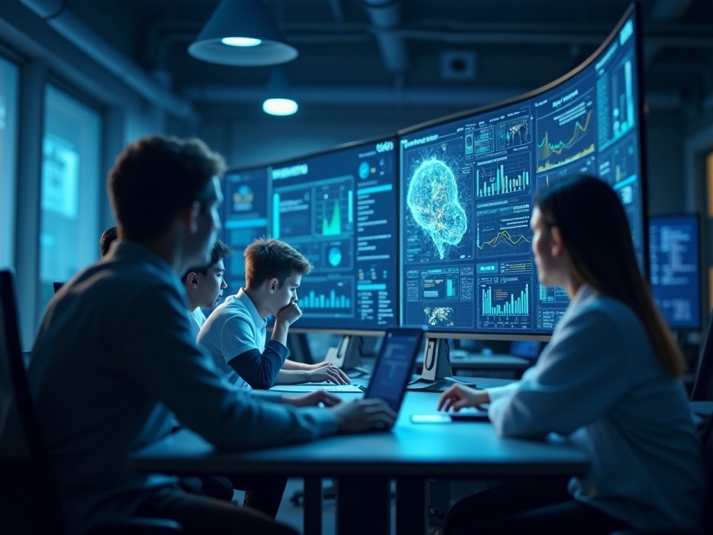 Entorno educativo con inteligencia artificial educación mostrando paneles digitales y analítica inteligente