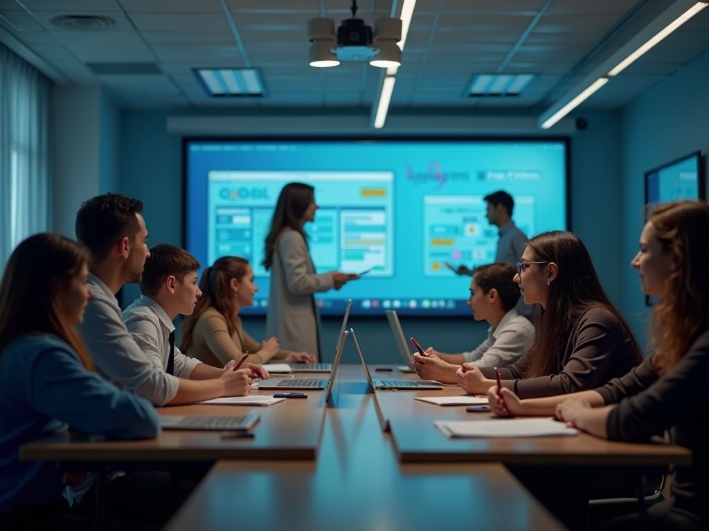 Aula educativa avanzada en Madrid con tecnología de inteligencia artificial que facilita la enseñanza y gestión para docentes y estudiantes