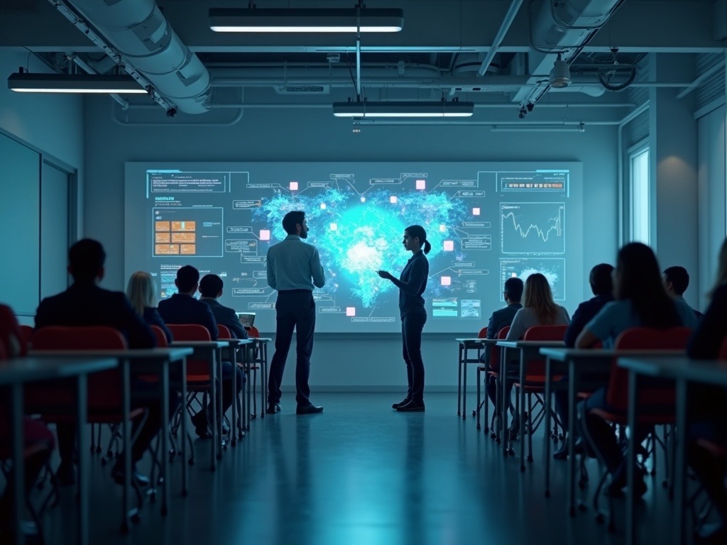 Educadores utilizando inteligencia artificial en educación dentro de un aula moderna y tecnológica