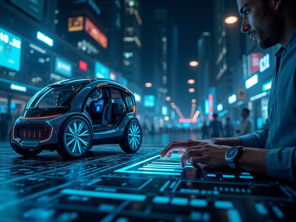 Escena ultra realista mostrando dispositivos de inteligencia artificial innovadores presentados en CES Las Vegas, como asistentes personales y robots autónomos para empresas