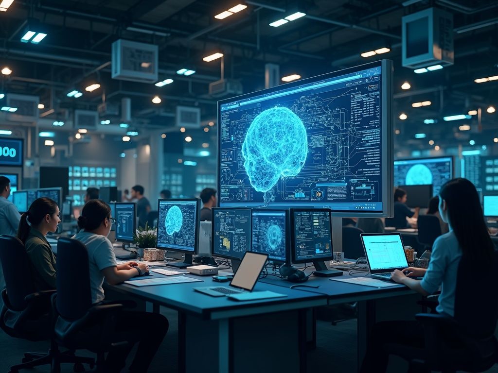 la-inteligencia-artificial-en-el-empleo-claves-para-liderar-la-revolucion-laboral-y-empresarial Vista ultra realista de un espacio de trabajo donde la inteligencia artificial y empleados colaboran para mejorar el empleo y la productividad