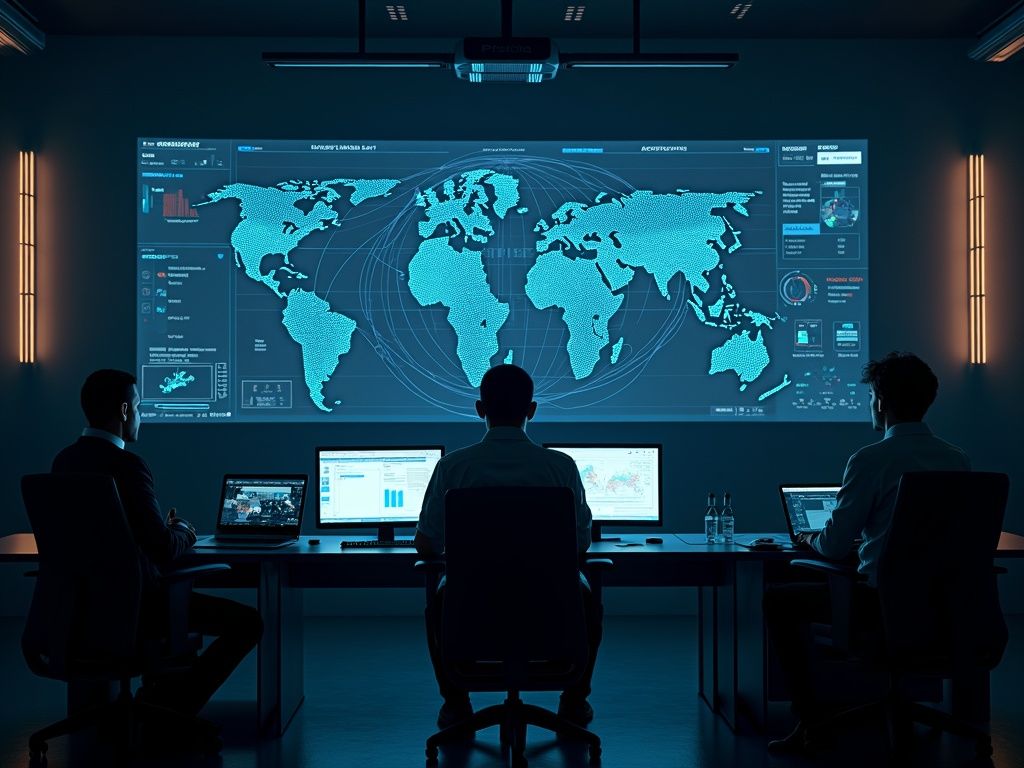 Centro de mando de alta tecnología mostrando inteligencia artificial en emergencias con modelos predictivos y luces cinematográficas