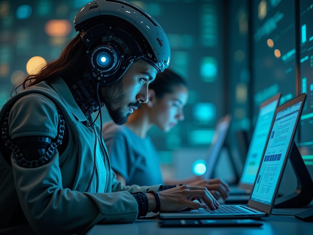 Un ingeniero cyborg en un espacio profesional usando inteligencia artificial en empresas para coordinar tareas complejas con sistemas autónomos