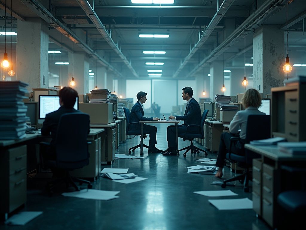 Escena ultra realista de oficina corporativa con empleados usando inteligencia artificial en empresas y tecnología tradicional