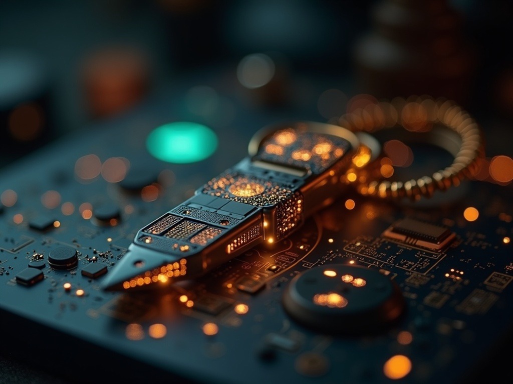 Escena macro ultra realista que muestra la integración de inteligencia artificial en innovación tecnológica y artesanía tradicional en Corporación Hijos de Rivera