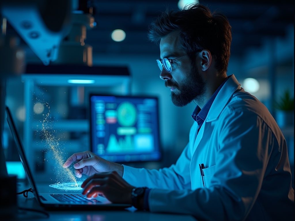 Ilustración ultra realista de inteligencia artificial procesando datos interdisciplinarios en investigación científica avanzada