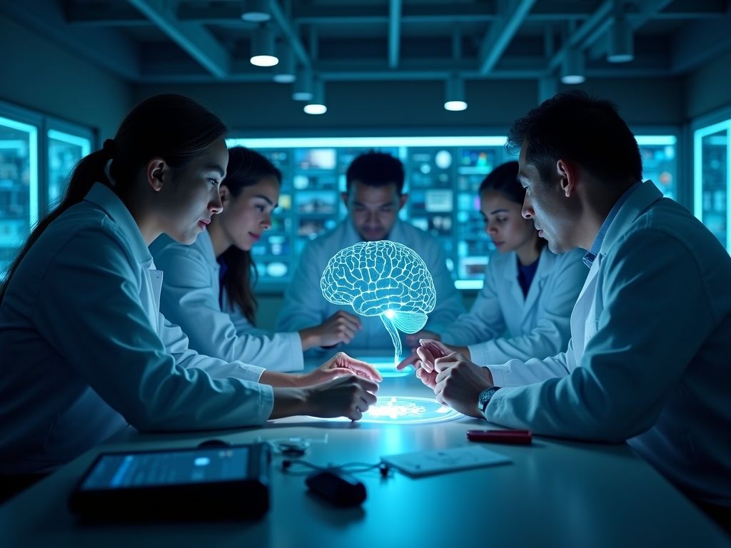 Escena ultra realista en laboratorio con equipo internacional usando interfaz digital para inteligencia artificial en psicología