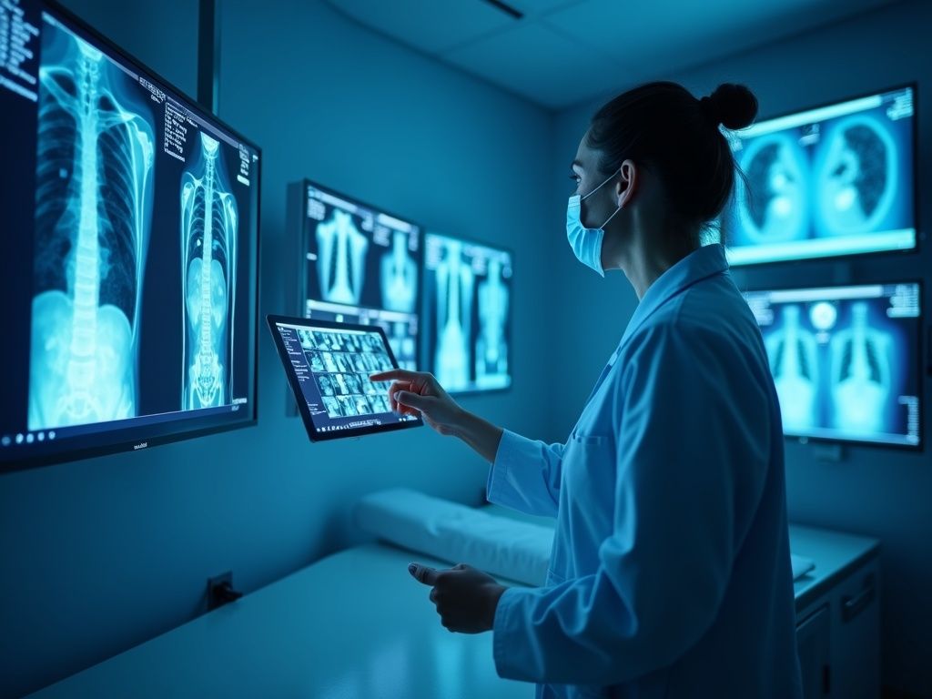 Profesional médico interpretando resultados con inteligencia artificial en salud en moderno consultorio de radiología