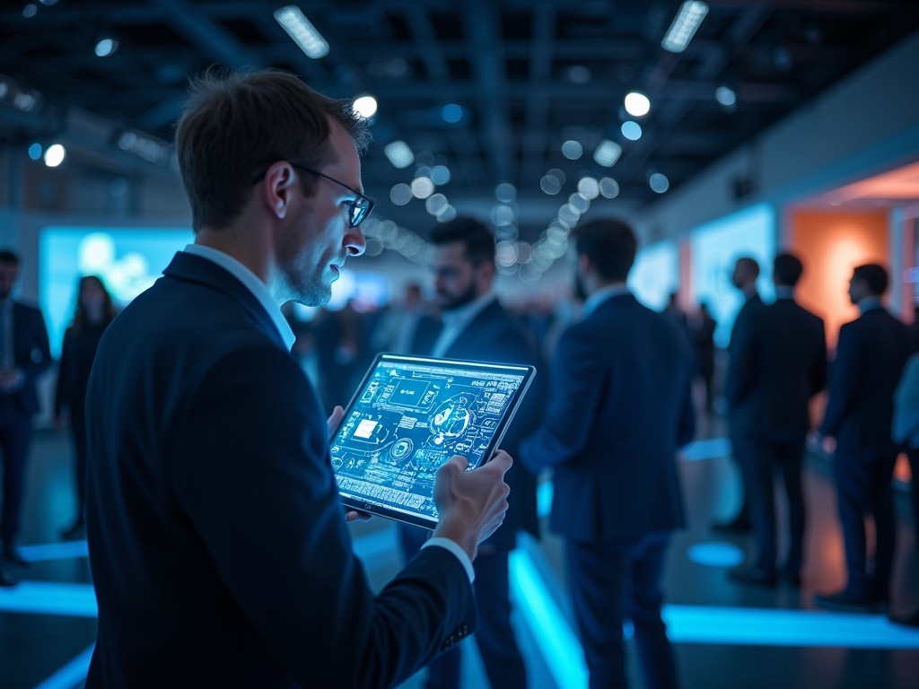 Escena ultra realista del Mobile World Congress 2026 mostrando la inteligencia artificial en servicios públicos con figuras clave y colaboración tecnológica
