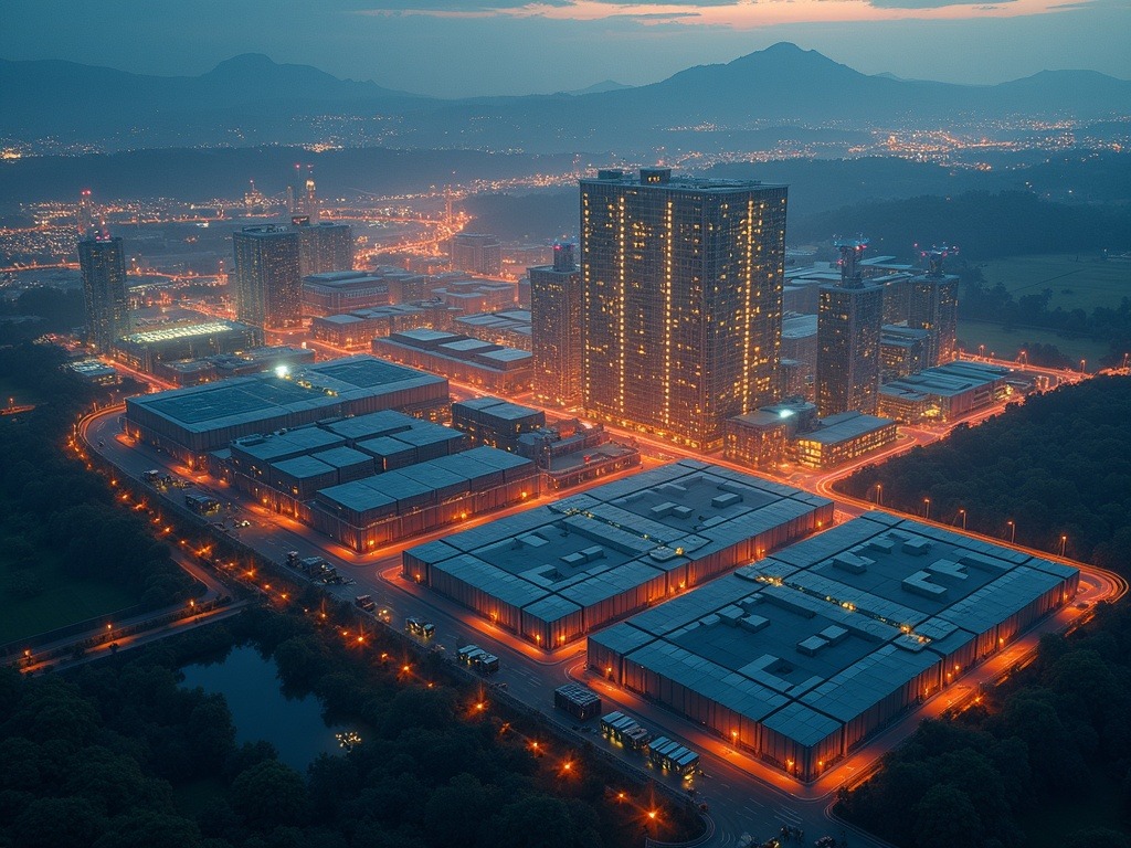 Vista ultra realista de la transformación de Amazon en potencia de inteligencia artificial generativa con centros de datos, microprocesadores avanzados y plantas energéticas