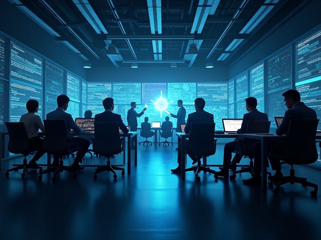 Reunión de ejecutivos en un entorno empresarial moderno discutiendo inteligencia artificial 2026 con hologramas y herramientas avanzadas