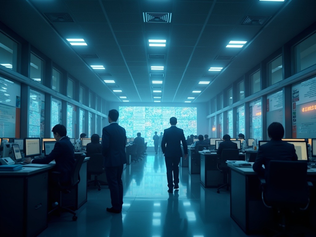 Escena ultra realista mostrando sistemas de inteligencia artificial para licitaciones públicas analizando datos en oficinas gubernamentales modernas en China