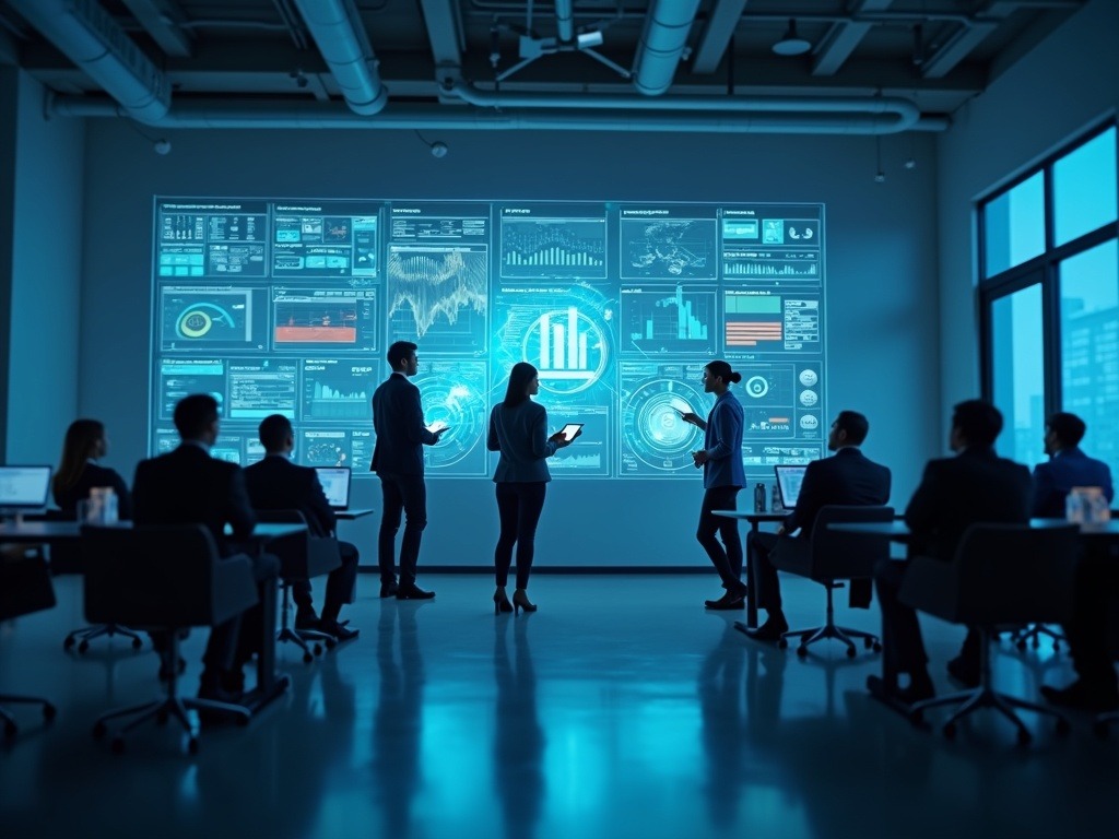 Oficina moderna con integración de inteligencia artificial para pymes mostrando ejecutivos interactuando con sistemas digitales en Madrid