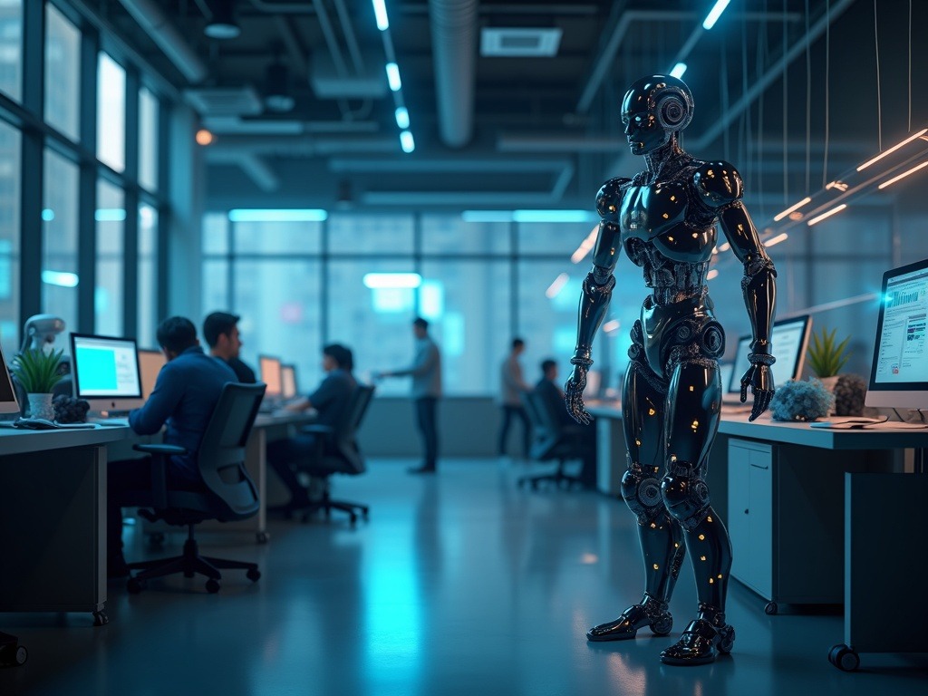 la-inteligencia-artificial-para-trabajadores-como-revoluciona-la-gestion-laboral-en-2026 Representación ultra realista de inteligencia artificial trabajadores gestionando tareas físicas en oficina moderna con tecnología avanzada